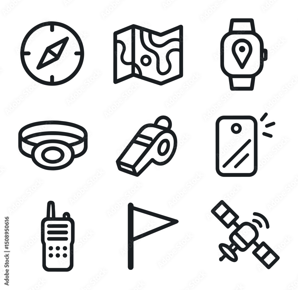 Aufkleber navigation icon set. outline icon set of navigation and communication: compass, topographic map, gps