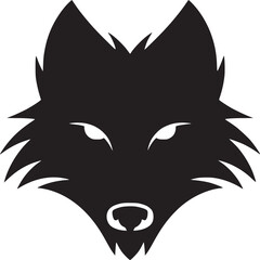 A stark black and white graphic illustration of a stylized wolf head on a white background design art