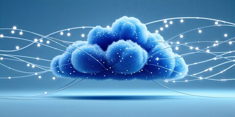 Fluffy blue cloud with glowing data streams symbolizes complex cloud computing, global networks, and abstract digital information transfer