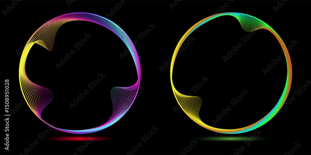 Poster set of glowing neon color circles round curve shape with wavy dynamic lines isolated on black backgr
