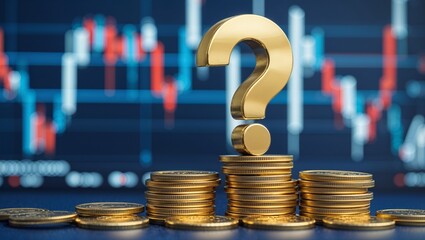 Golden question mark on stacked coins in front of a stock market chart, symbolizing investment uncertainty and financial questions.