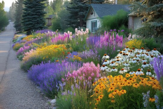 A colorful cottage garden blooms with vibrant wildflowers along a peaceful gravel path in a suburban neighborhood.