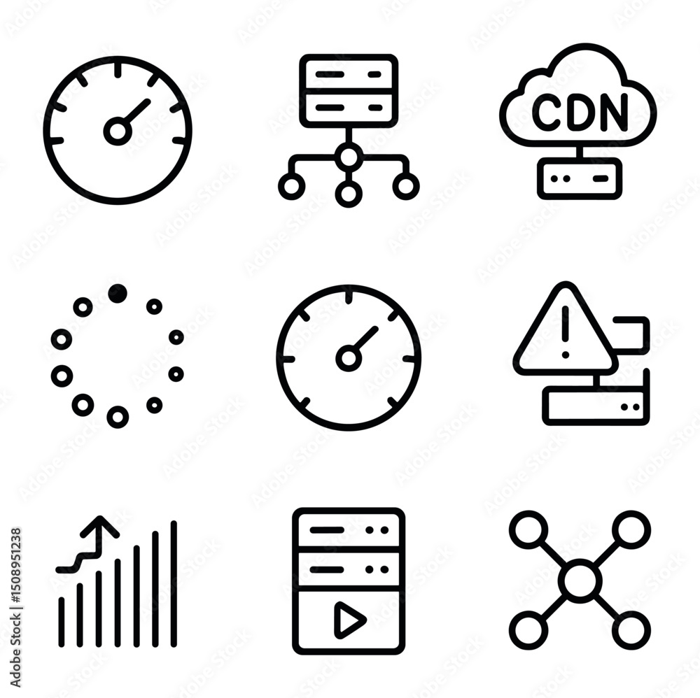 Poster network icon set. outline icon set of network and cdn: bandwidth meter, server node, cdn cloud, buff