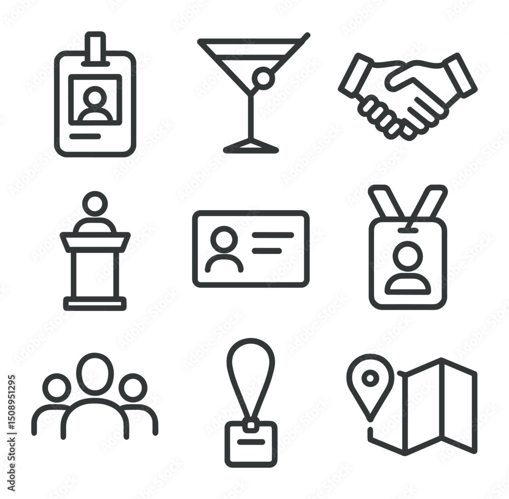 Poster networking event icons. outline icon set of networking event essentials: name badge, cocktail glass,