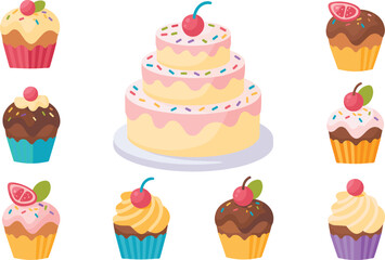 Delicious colorful cupcakes and a three-tier birthday cake with cherries and sprinkles, festive sweet desserts, party treats, colorful frosting, celebration food illustration set vector.