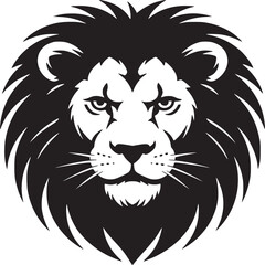 A striking black and white lion head illustration with a majestic mane and piercing gaze design element