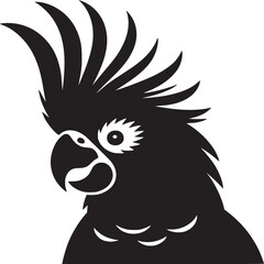Black and white graphic illustration of a cockatoo with a crest and detailed eye design style