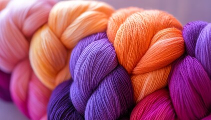 A braid of yarn in colors of dark purple, orange, and pink