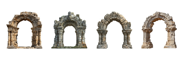 Obraz premium Ancient Stone Archways Set. Historical Architecture And Cultural Heritage Collection Isolated On Transparent Background