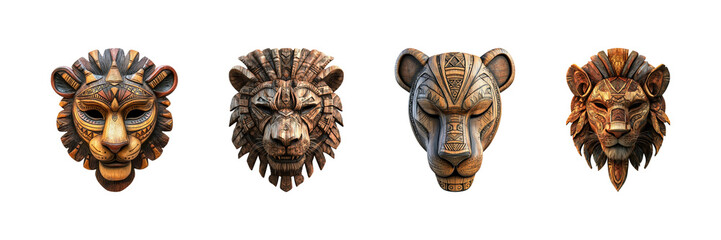 Lion-Themed Tribal Masks Set. Cultural Art And Craftsmanship Collection Isolated On Transparent Background