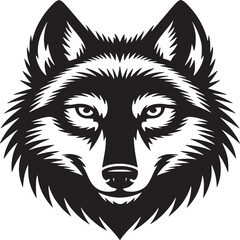 A black and white graphic illustration of a wolf head with pointed ears and sharp facial features