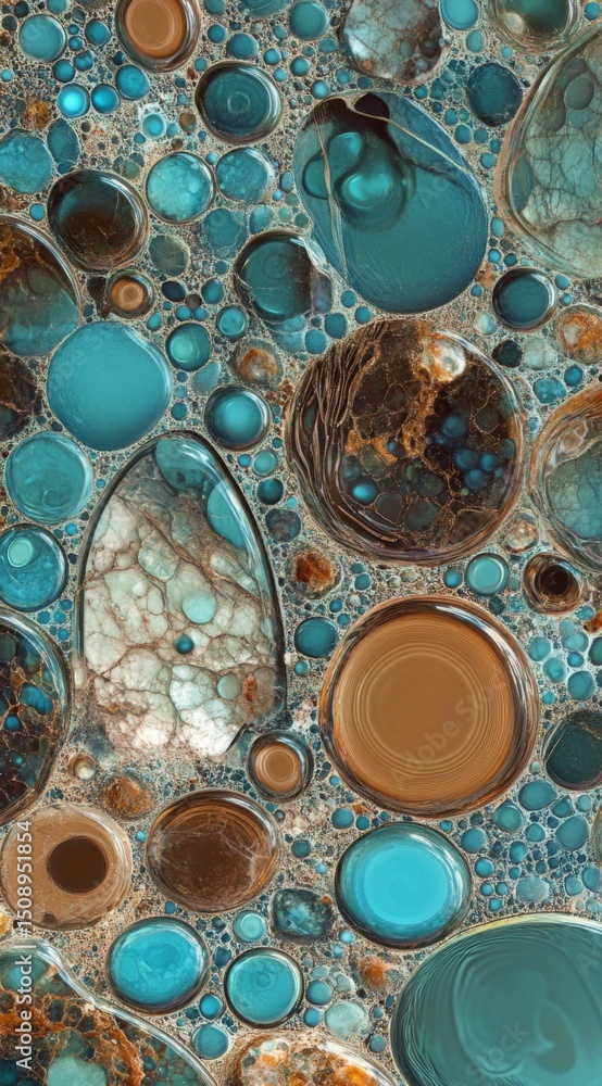 Poster a close-up of an intricate pattern featuring teal and brown bubbles, creating a textured surface wit