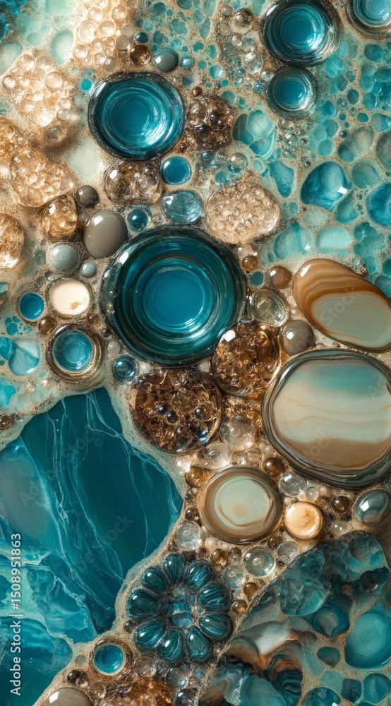 Aufkleber a close-up of an intricate pattern featuring teal and brown bubbles, creating a textured surface wit