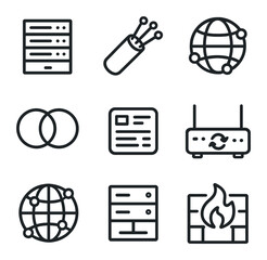 Plakat Internet Infrastructure Icons. Outline icon set of global internet infrastructure: data center rack, fiber optic strand, CDN node,