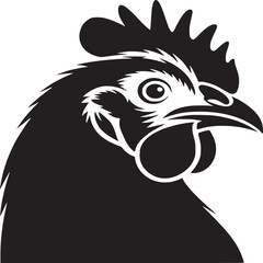 A black and white graphic illustration of a rooster head with a distinct comb and wattle design