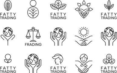 Set of minimalist black line icons representing eco trading, global environmental protection, sustainable business, ethical partnership, and nature-friendly commerce concepts