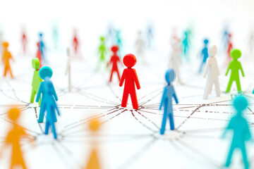 Colorful Human Figures Connected by Dotted Lines on a White Background, Representing Social Networking, Teamwork, Leadership, Diversity, and Community Structure in a Digital Concept