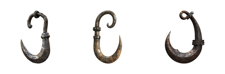 Rustic Metal Hooks Collection. Vintage Industrial Design Elements Set Isolated On Transparent Background