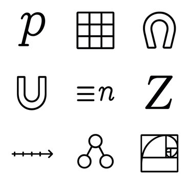 Number Theory Icons. Outline icon set of number theory concepts: prime p, composite number, gcd symbol, lcm symbol, modular