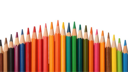 Open crayon box with vibrant colors scattered around, worn tips details, transparent background and soft shadow underneath.
