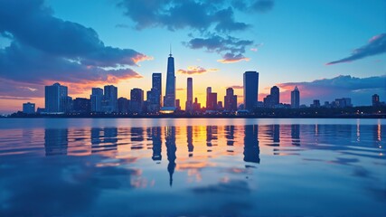 City Skyline at Sunset with Water Reflection