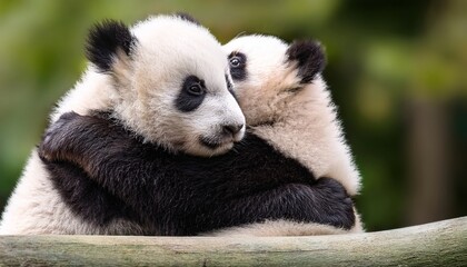 Fototapeta premium two adorable giant panda cubs embrace in playful hug against blurred forest background