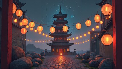 Traditional Pagoda at Night with Lanterns and Starry Sky