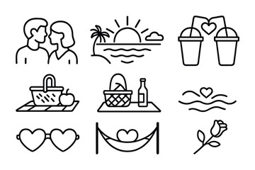 Romantic picnic and beach sunset icons for valentine's day design