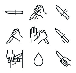 Knife Techniques Icons. Outline icon set of knife fighting techniques: combat knife, reverse grip slash, stab motion, knife block,