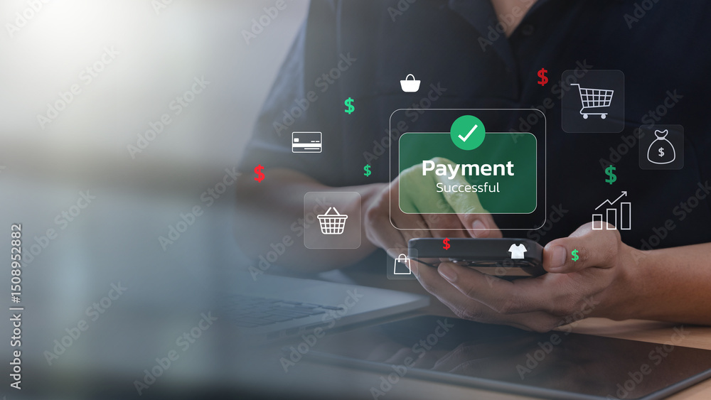 Poster mobile payment success concept showing a person completing a secure online shopping transaction usin