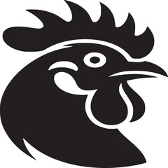 A stylized black and white illustration of a rooster head on a white background design element