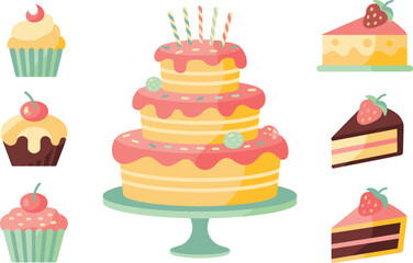 Colorful birthday cake with candles and assorted cupcakes and slices of strawberry chocolate cake flat vector illustration dessert party celebration sweet food