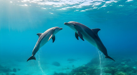 Fototapeta premium Baby dolphin leaping alongside its mother