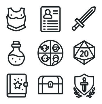LARP Icon Set. Outline icon set of LARP character creation: armor piece, character sheet, sword prop