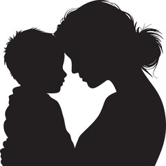 Silhouette of mother holding child with foreheads touching in a loving and tender moment shown in black