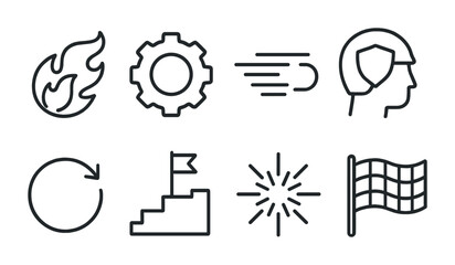 Icon set featuring fire, gear, motion, head, arrow, flag, star, and checkered flag symbols