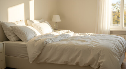 Modern Bedroom with White Bed Sheets and Large Windows