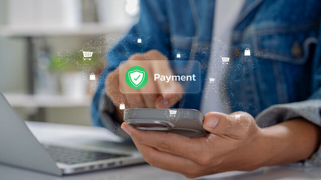 Secure online payment on smartphone by casual person at home, showing secure transaction process, global digital wallet payment, protecting money and finance data with innovative online technology