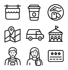 Local Shops Icon Set. Outline icon set of thriving local shops: boutique sign, coffee shop cup,