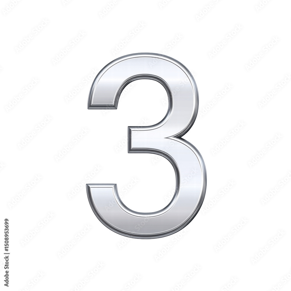 Poster shiny silver number three with metallic texture on transparency background