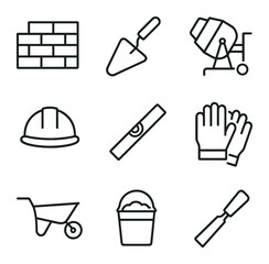 Obraz premium Masonry Icon Set. Outline icon set of masons laying bricks and building walls: brick wall, trowel,