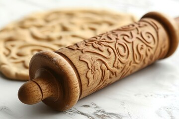 Fototapeta premium Wooden Rolling Pin with Intricate Design and Dough Pattern Background