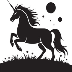 A black silhouette of a unicorn rearing up on a grassy hill with black circles in the background