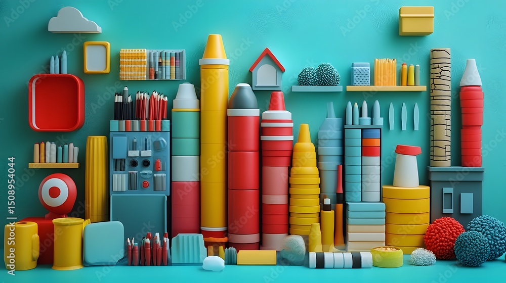 Poster an abstract collection of vibrant, colorful objects create a playful and engaging still life. this c