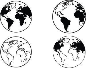 Black and White World Map Clipart – Globe Silhouette Bundle for Print and Design Projects