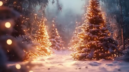 Enchanted winter landscape featuring snow-covered trees adorned with glowing lights in a serene forest - Powered by Adobe