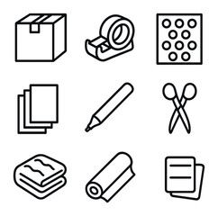 Packing Essentials Icons. Outline icon set of packing essentials: cardboard box, tape dispenser, bubble wrap, packing paper,