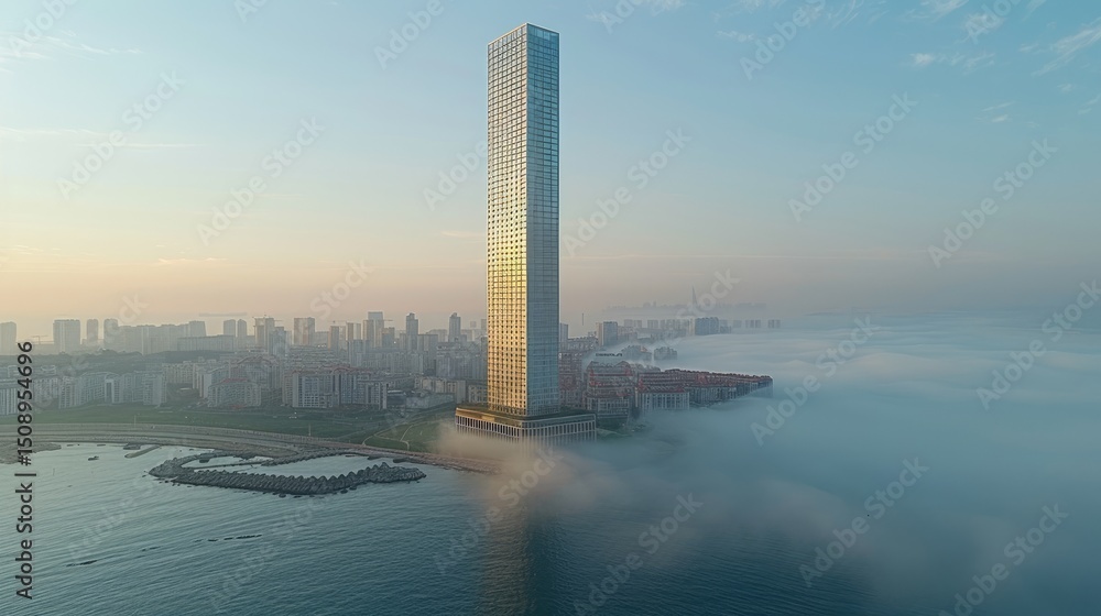 Poster fog layer below clear-skied skyscraper - tower emerging from sea of low clouds, pristine blue atmosp