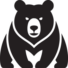 A stylized black bear with white markings on a white background in a minimalist vector style