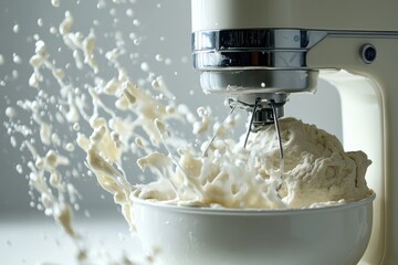 Action shot of dough splattering from a mixing bowl in kitchen